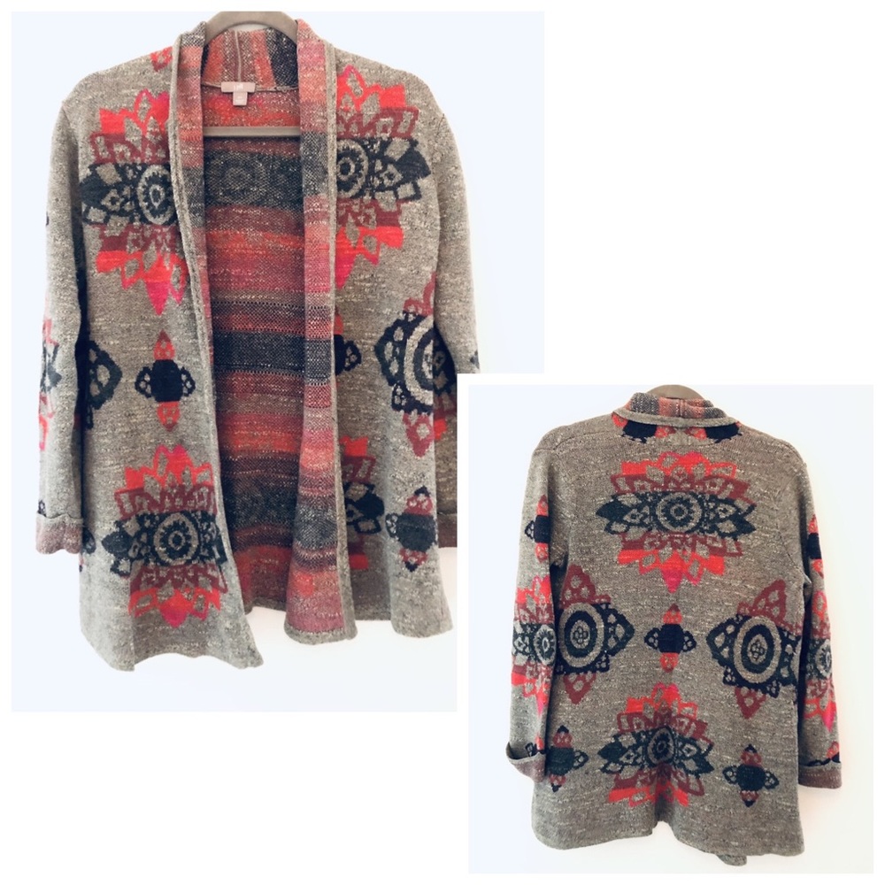 J Jill open front long cardigan geometric flowers warm ethnic 100% cotton PXL.
